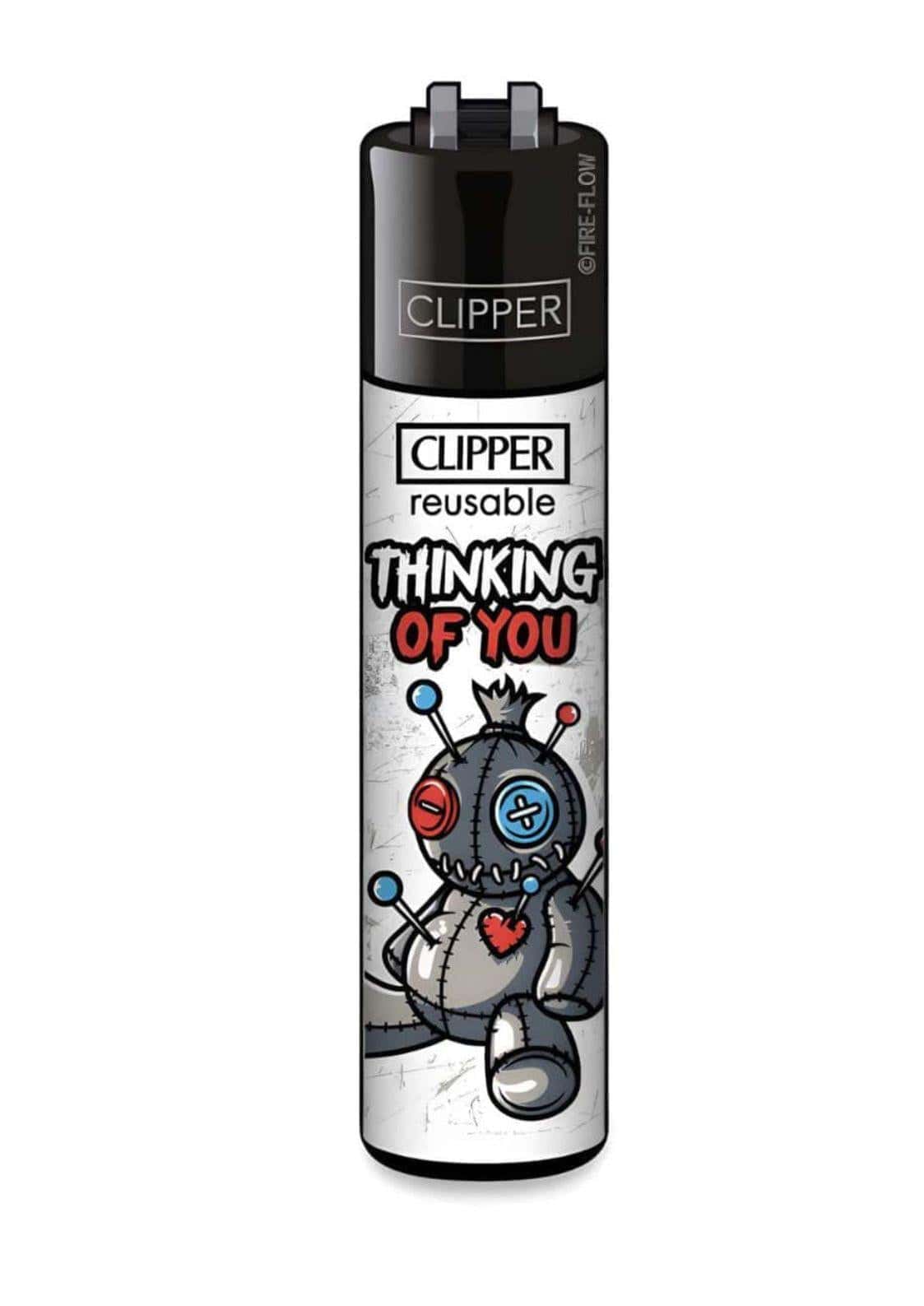Originales clipper feuerzeug thinking of you schwarz silber mit cartoon voodoo puppe designs feuerzeug jederzeit nutzbar