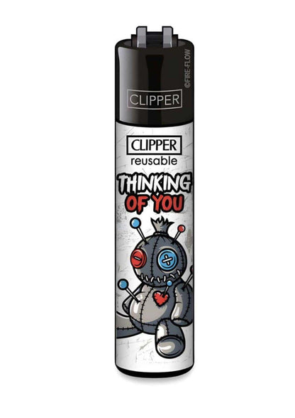 Originales clipper feuerzeug thinking of you schwarz silber mit cartoon voodoo puppe designs feuerzeug jederzeit nutzbar