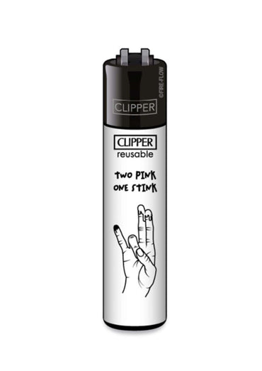 Schwarzes und silbernes clipper feuerzeug two pink one stink mit minimalistischer peace zeichen illustration und nachfüllbar