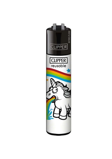 Weißes clipper feuerzeug vomit unicorn mit einhorn cartoon und regenbogenfarbigem gas in original clipper qualität