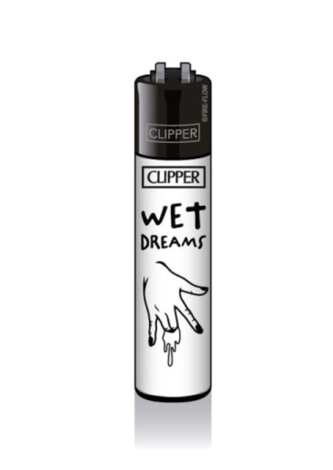 Schwarz weißes original clipper feuerzeug wet dreams mit provokantem adult design und handillustration