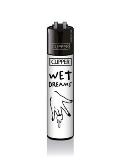 Schwarz weißes original clipper feuerzeug wet dreams mit provokantem adult design und handillustration
