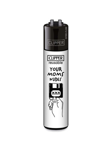 Schwarzes und silbernes nachfüllbares clipper feuerzeug mit humorvollem your moms nudes grafik und floppy disk design