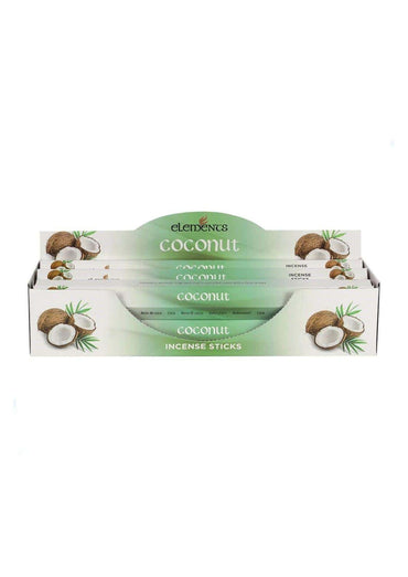 Coconut incense sticks in a white and green elements branded display box for fragrant räucherstäbchen