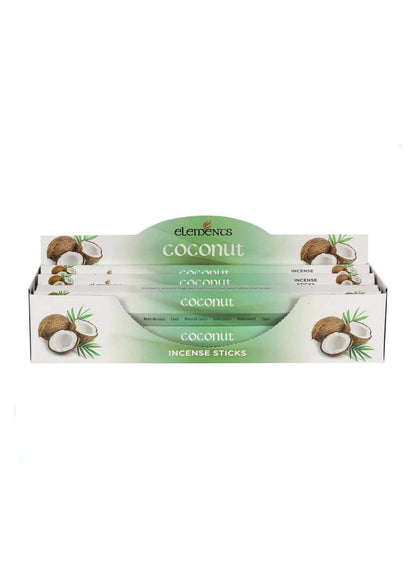 Coconut incense sticks in a white and green elements branded display box for fragrant räucherstäbchen