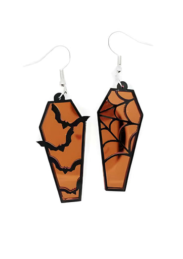 Orange spiegelnde coffin bat red ohrringe mit schwarzen fledermaus- und spinnenweben-ausschnitten