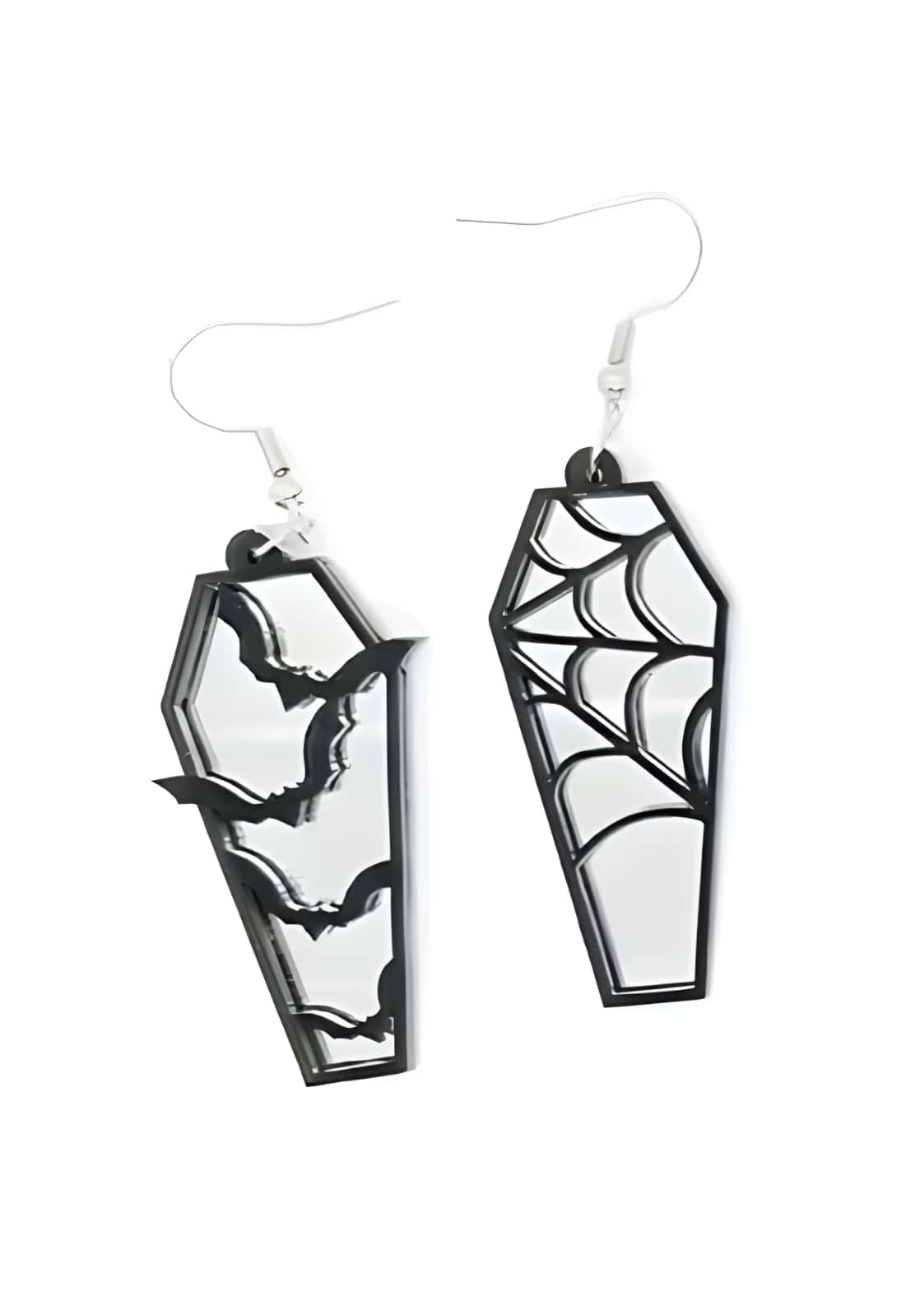 Schwarze coffin bat silver ohrringe in sargform mit fledermaus und spinnenwebdesign und spiegelndem inneren