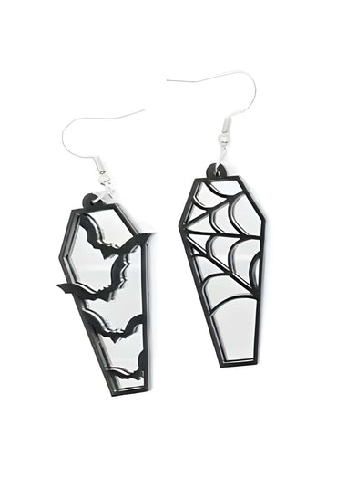 Schwarze coffin bat silver ohrringe in sargform mit fledermaus und spinnenwebdesign und spiegelndem inneren