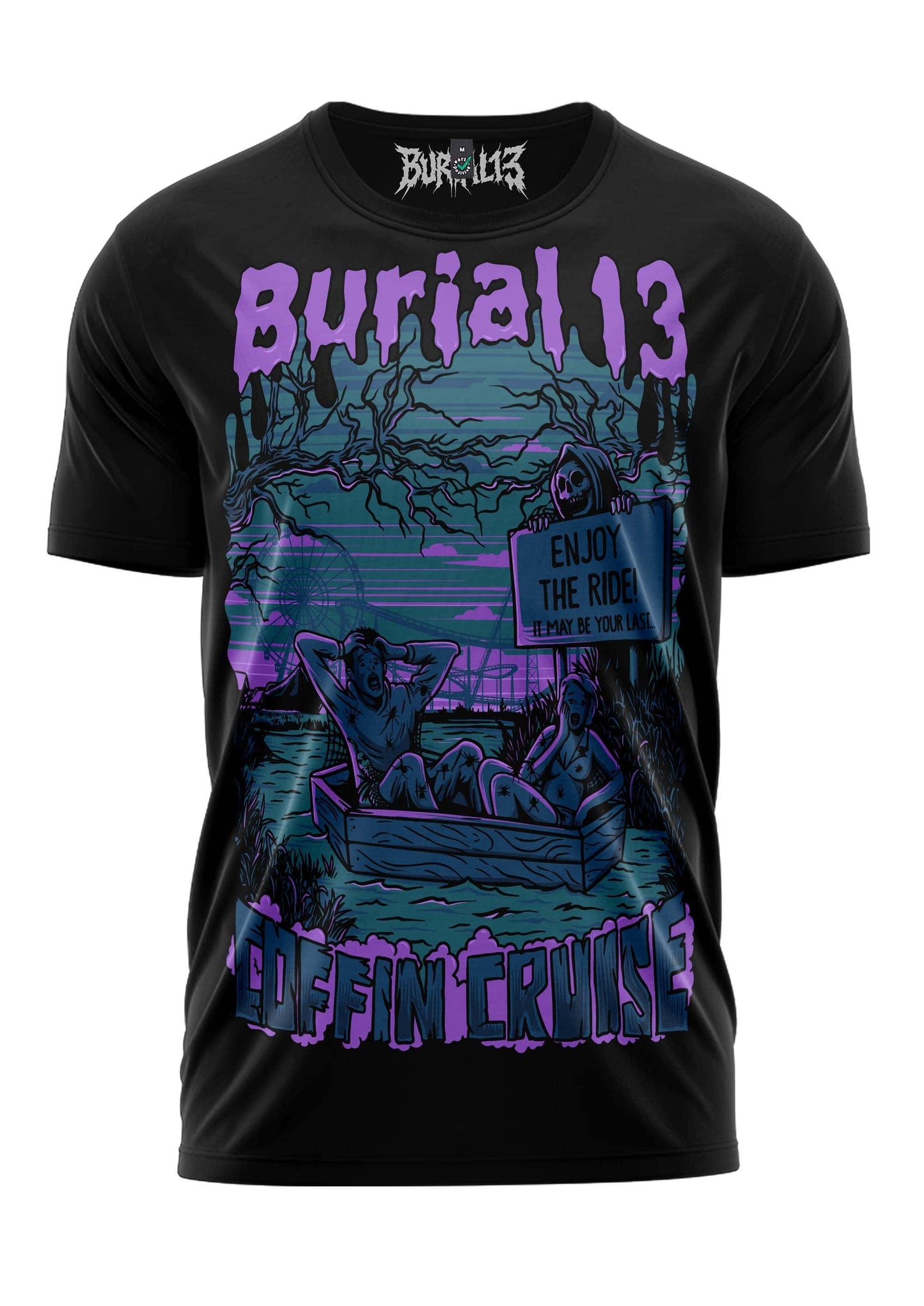Schwarzes schweres unisex-t-shirt mit strapazierfähigem stoff und coffin cruise grafik burial 13 motif