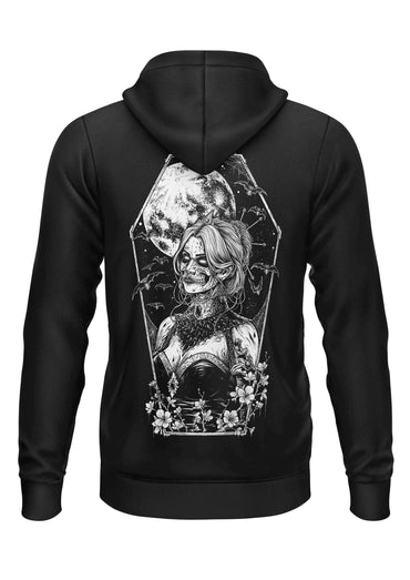 Schwerer unisex hoodie aus strapazierfähigem stoff mit skull design und floralen akzenten aus recyceltem polyester, rückseite sichtbar