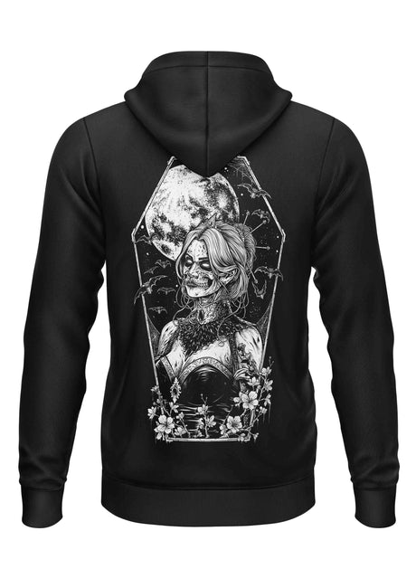 Schwarzer Kapuzenpulli mit Reißverschluss, Totenkopfmuster und Blumenakzenten.