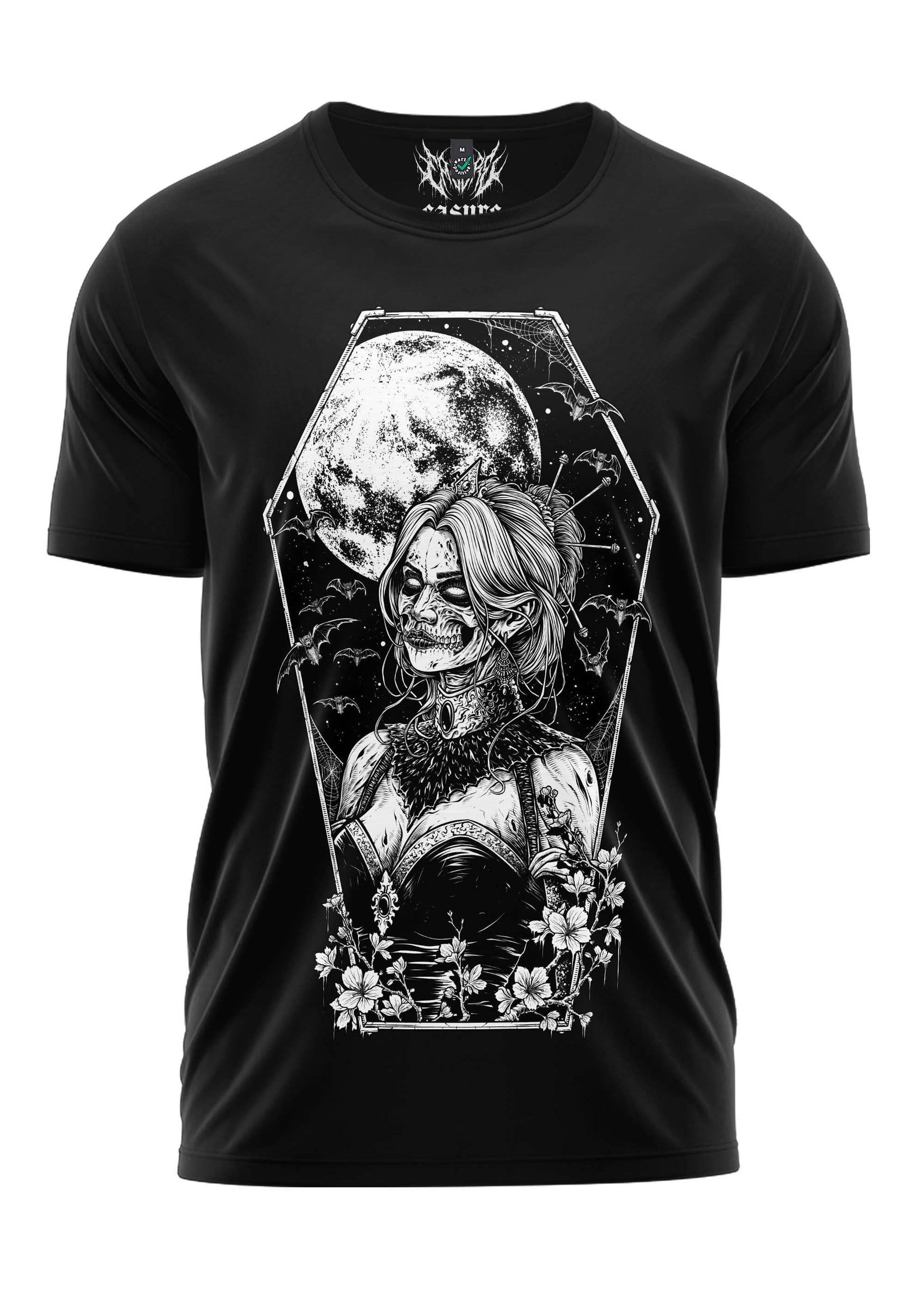 Schweres Unisex T-Shirt Coffin Girl mit Skelettfrau im Sarg, Azura Design