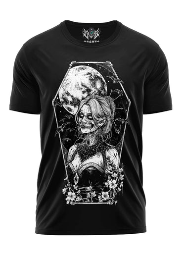 Schwarzes schweres unisex t-shirt mit detailliertem coffin girl grafikdesign aus strapazierfähigem stoff von azura