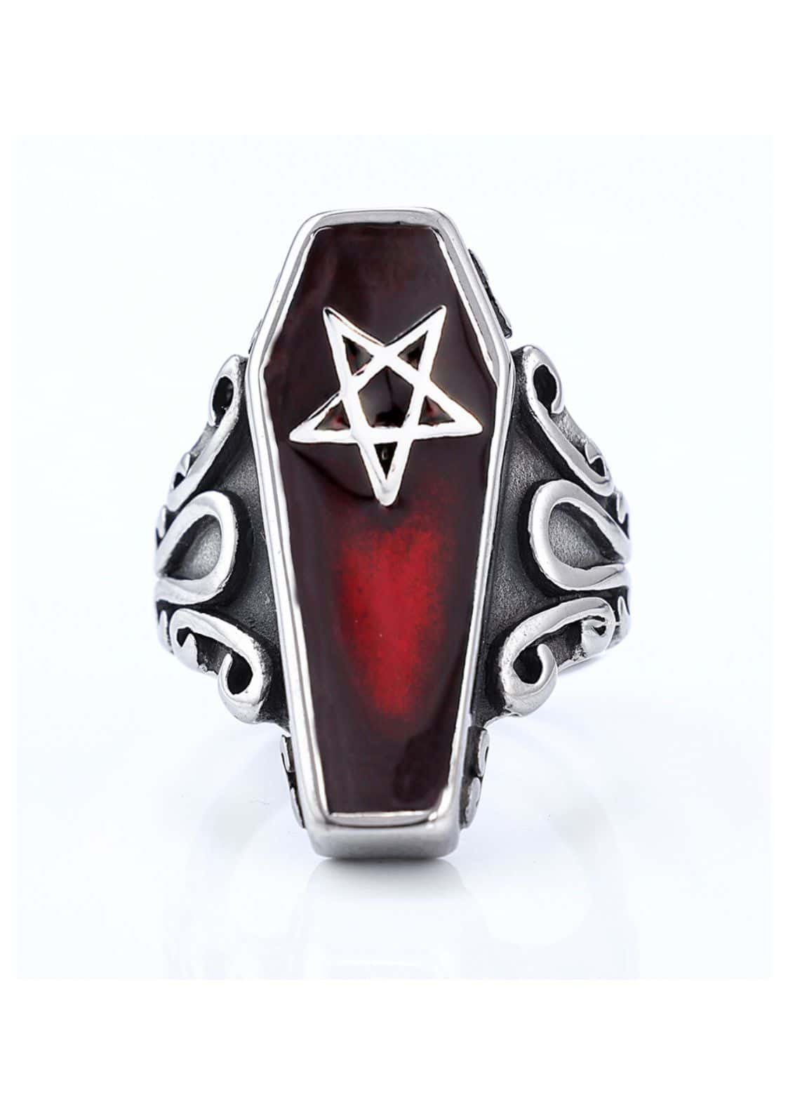 Gotischer Sarg-Ring mit Pentagramm-Design, roter und schwarzer Emaille, silbernes Metall.
