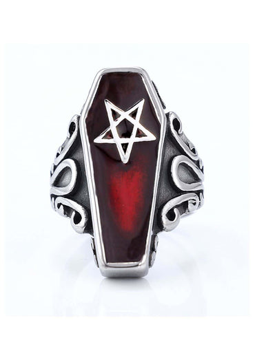 Gotischer coffin pentagram ring aus silber mit rotem und schwarzem emaille für horror fans