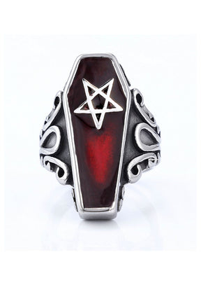 Gotischer Sarg-Ring mit Pentagramm-Design, roter und schwarzer Emaille, silbernes Metall.