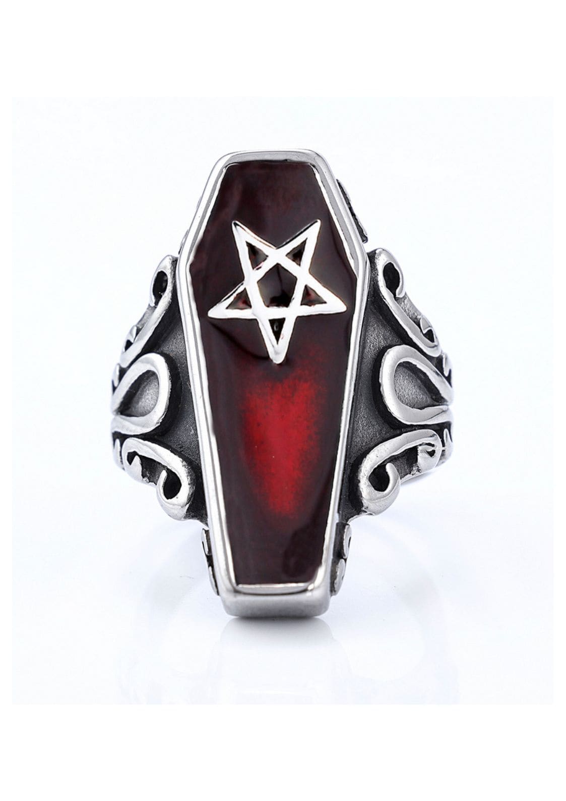 Gotischer Sarg-Ring mit Pentagramm-Design, roter und schwarzer Emaille, silbernes Metall.