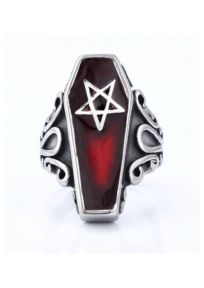 Gotischer Sarg-Ring mit Pentagramm-Design, roter und schwarzer Emaille, silbernes Metall.