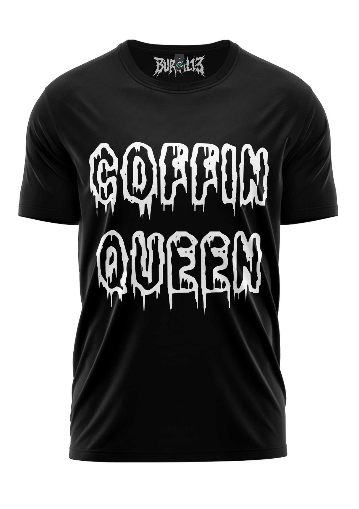 Schwarzes kurzärmliges T-Shirt mit weißem Text „Coffin Queen“ in einer tropfenden, gotischen Schriftart.