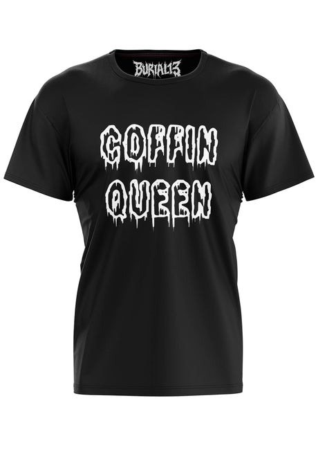 Schwarzes Kurzarm-T-Shirt mit der Aufschrift ’COFFIN QUEEN’ in tropfender Schrift.