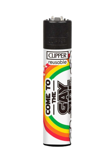 Weißes batsquirrel clipper lighter refillable mit comic design regenbogen und schwarzem text come to the gay side
