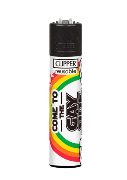 Weißes batsquirrel clipper lighter refillable mit comic design regenbogen und schwarzem text come to the gay side