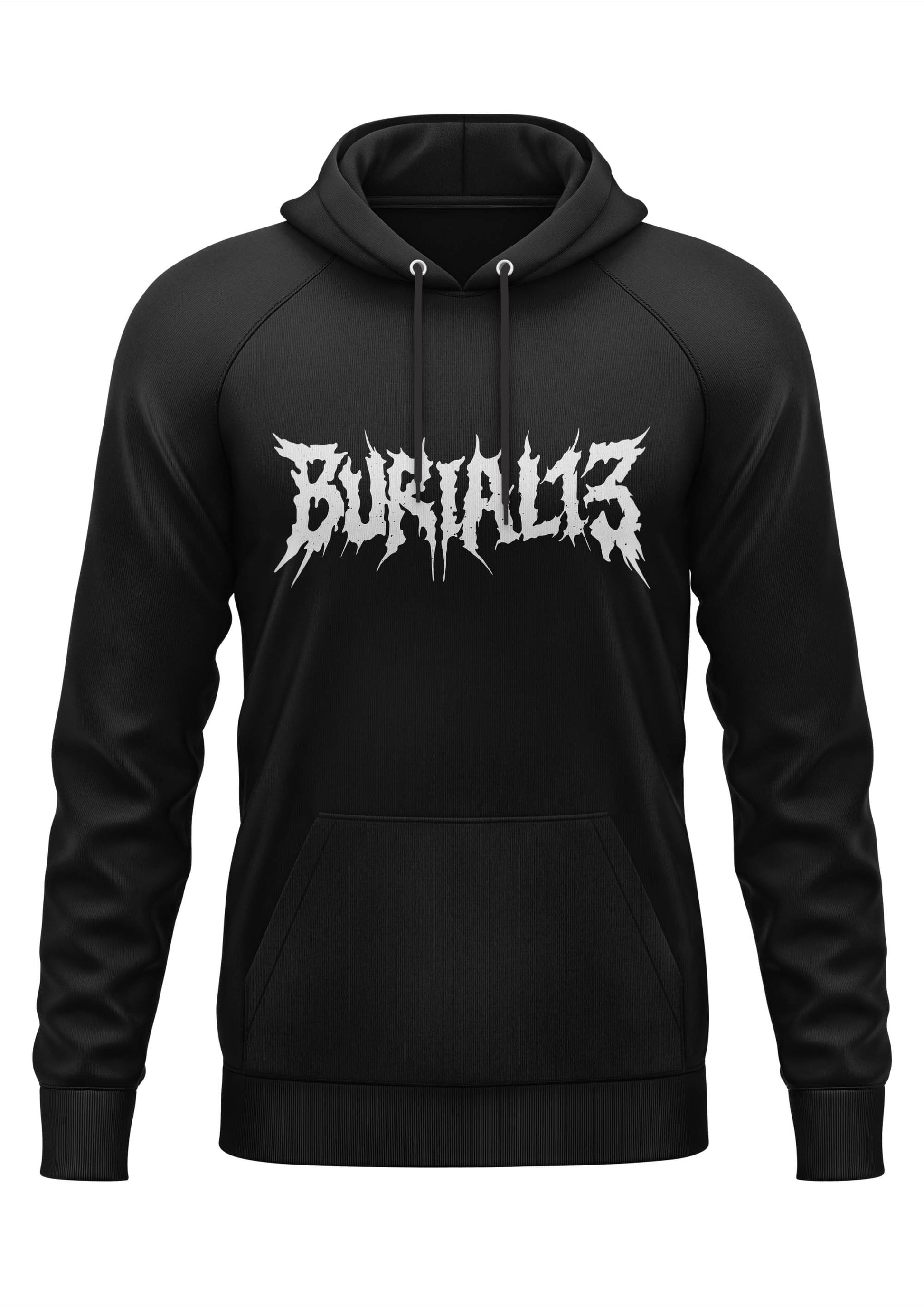 Schwarzer Gothic-Hoodie mit weißem BURIAL 13 Grafik