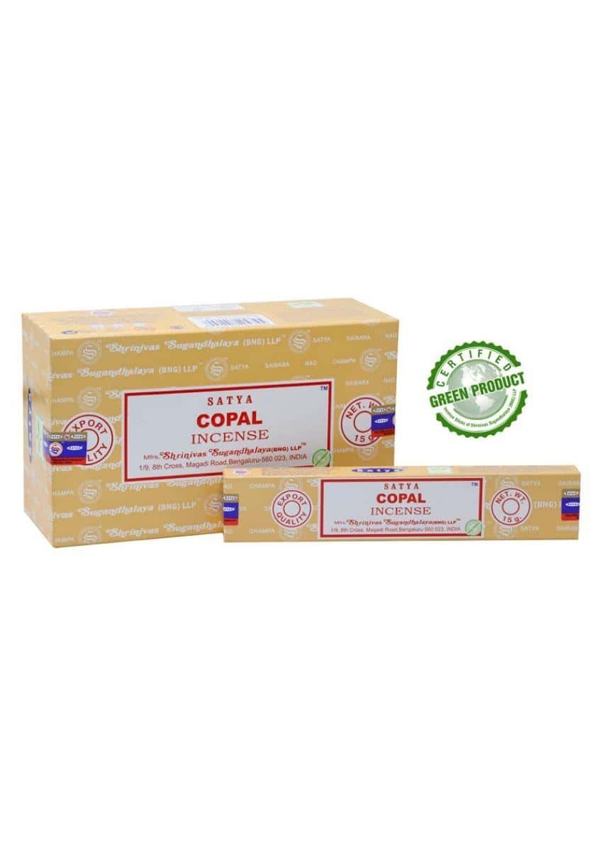 Beige kartonverpackung der satya copal räucherstäbchen mit roter und weißer etikettierung für gothic und horror fans
