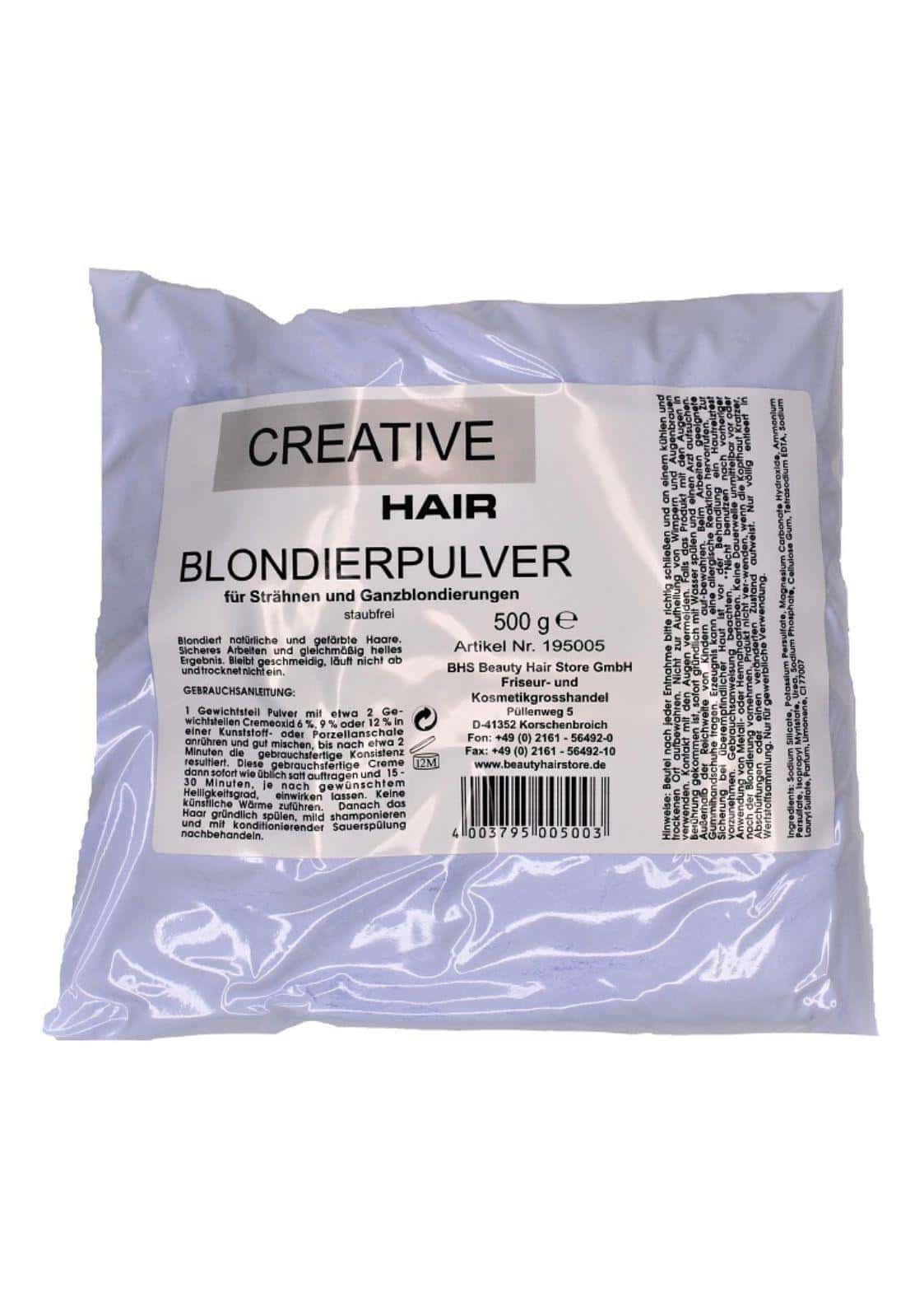 Eine durchsichtige plastikverpackung mit 500g creative hair blondierpulver blau für neutralisation warmer töne und alternative looks