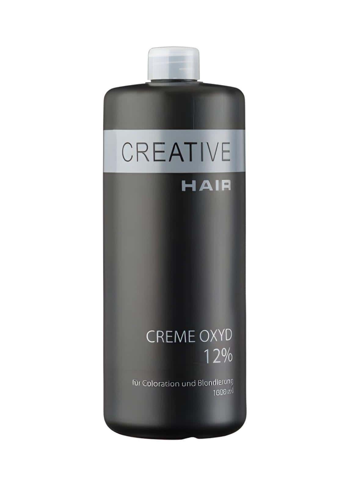 Ein eleganter dunkelgrauer flaschen creative haar h2o2 creme oxyd 12 % haarentwickler mit weißem deckel und silbernem etikett