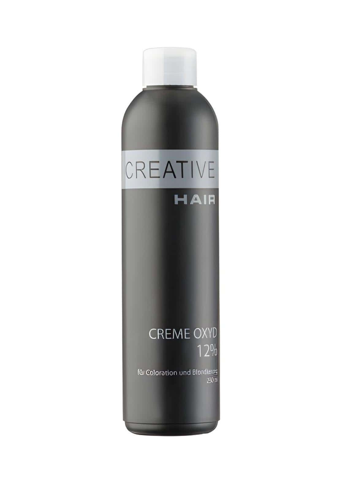 Dunkelgraue zylindrische flasche mit weißem deckel und silbernem etikett creative hair creme creme oxyd 12 % für haartönung und blondierung