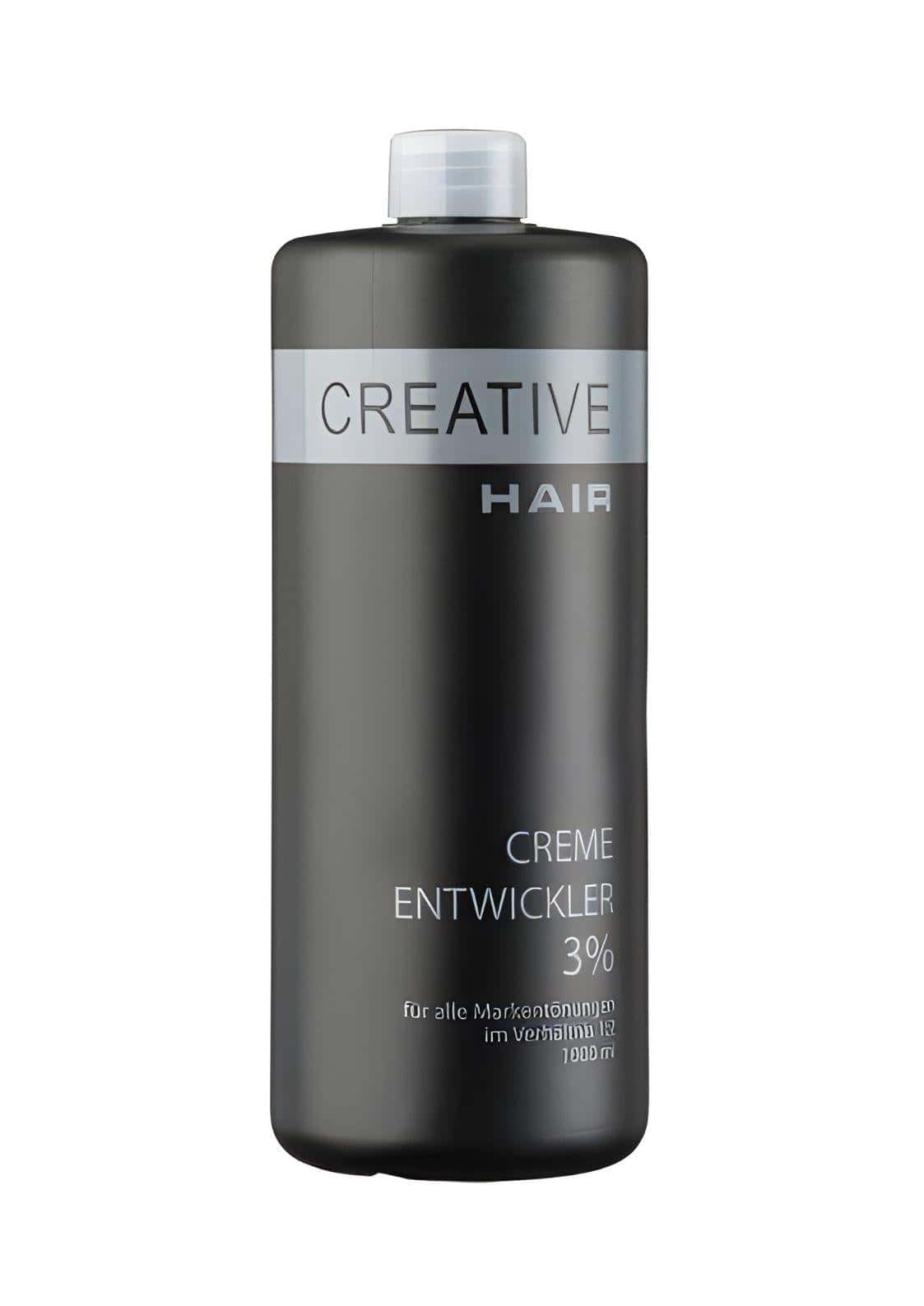 Eine schlanke dunkelgraue flasche creative haar entwickler h2o2 creme oxyd 3% mit weißem deckel und silbernem etikett