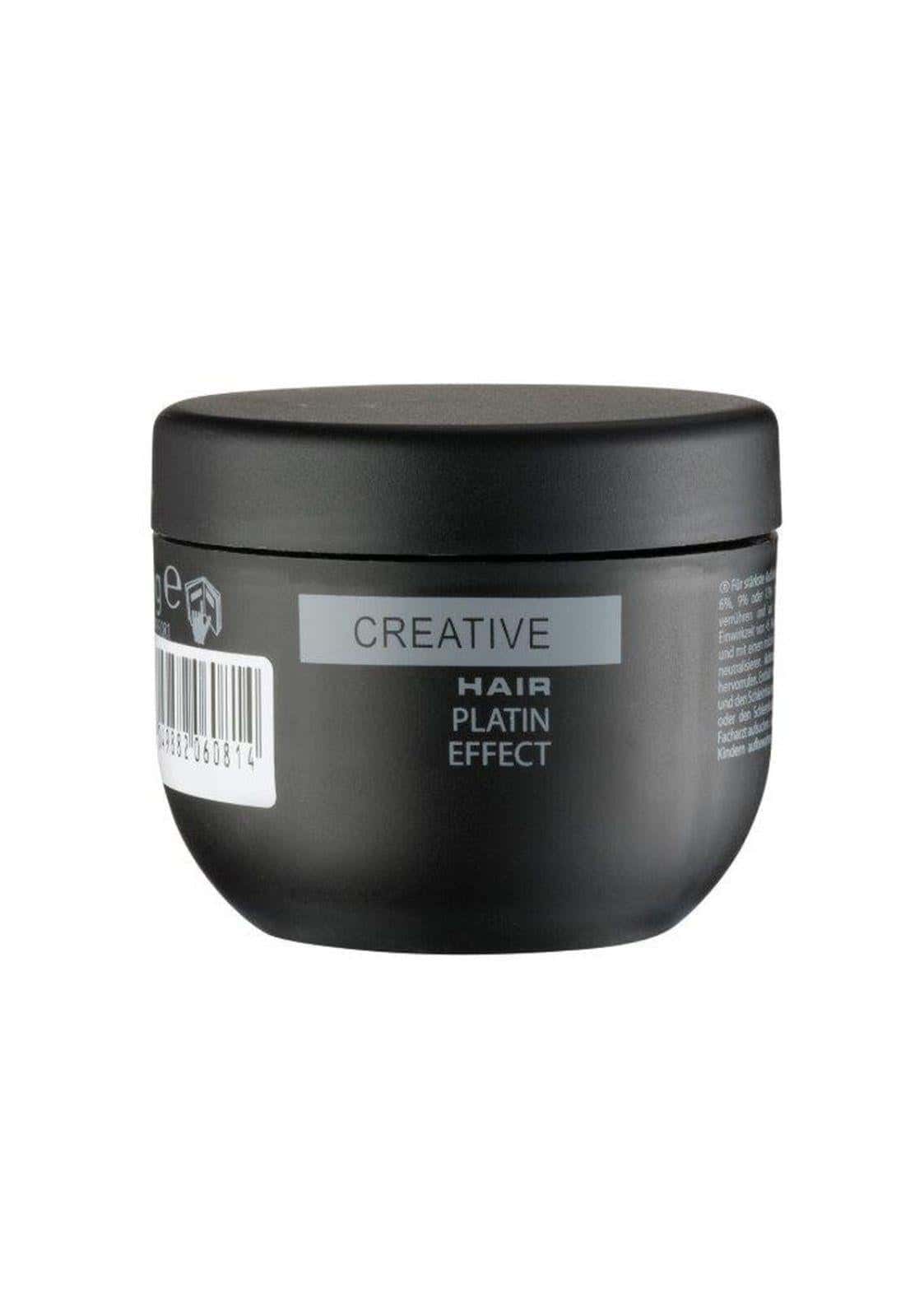 Schwarzes zylindrisches kreativ hair platin effect blondierung jar mit matter oberfläche und silbernem label für platinum geeignet und coole blonde töne
