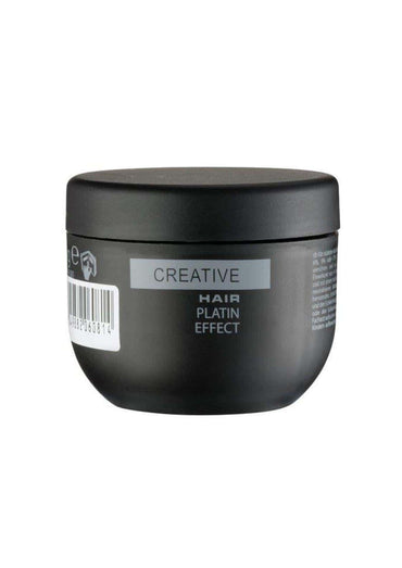 Schwarzes zylindrisches kreativ hair platin effect blondierung jar mit matter oberfläche und silbernem label für platinum geeignet und coole blonde töne
