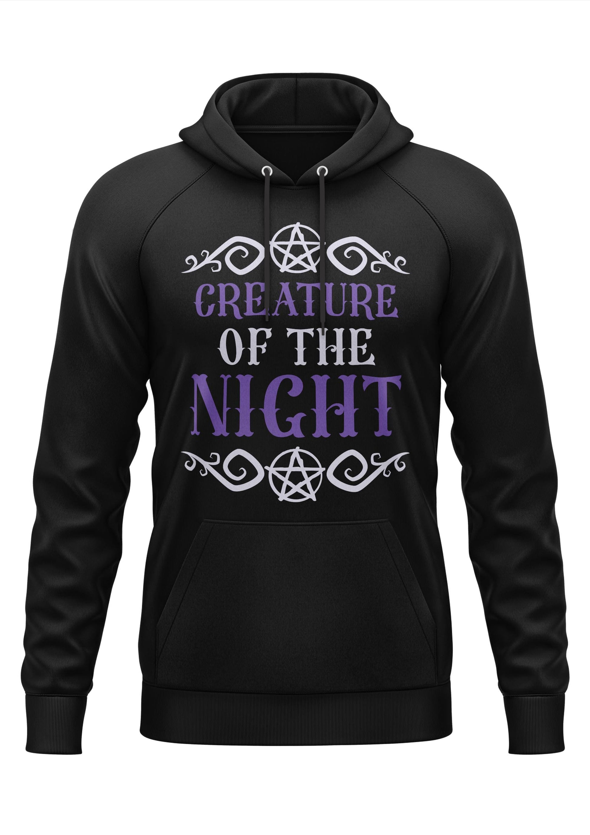 Schwarzer Gothic-Hoodie Creature of the Night mit lila-weißen Pentagrammen