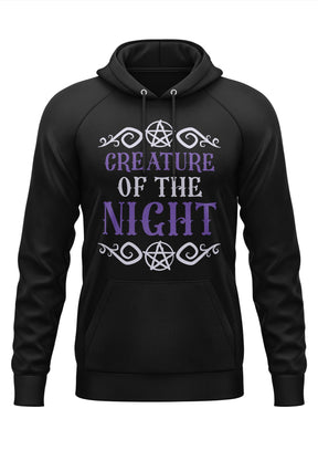 Schwarzer Gothic-Hoodie Creature of the Night mit lila-weißen Pentagrammen