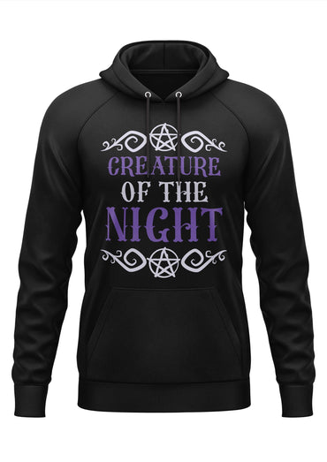 Schwarzer hoodie mit bitte creature of the night print in lila und weiß, verziert mit gotischen pentagrammen und mustern