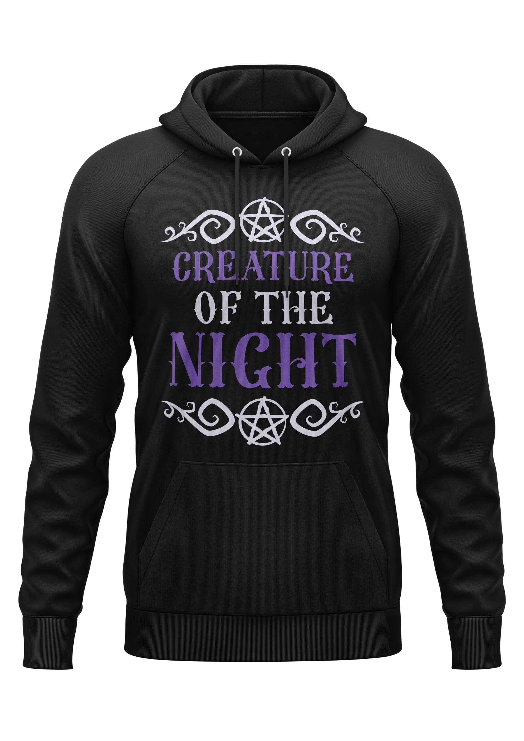 Schwarzer Gothic-Hoodie Creature of the Night mit lila-weißen Pentagrammen