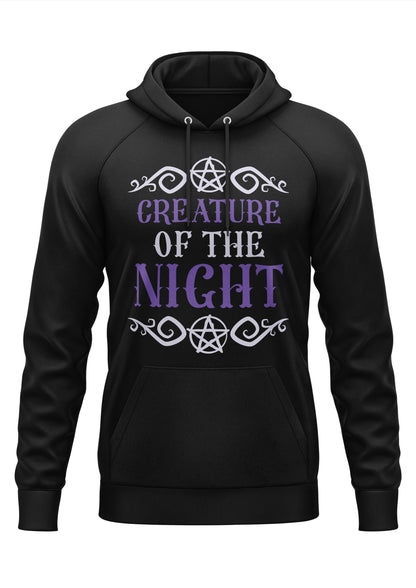 Schwarzer Gothic-Hoodie Creature of the Night mit lila-weißen Pentagrammen
