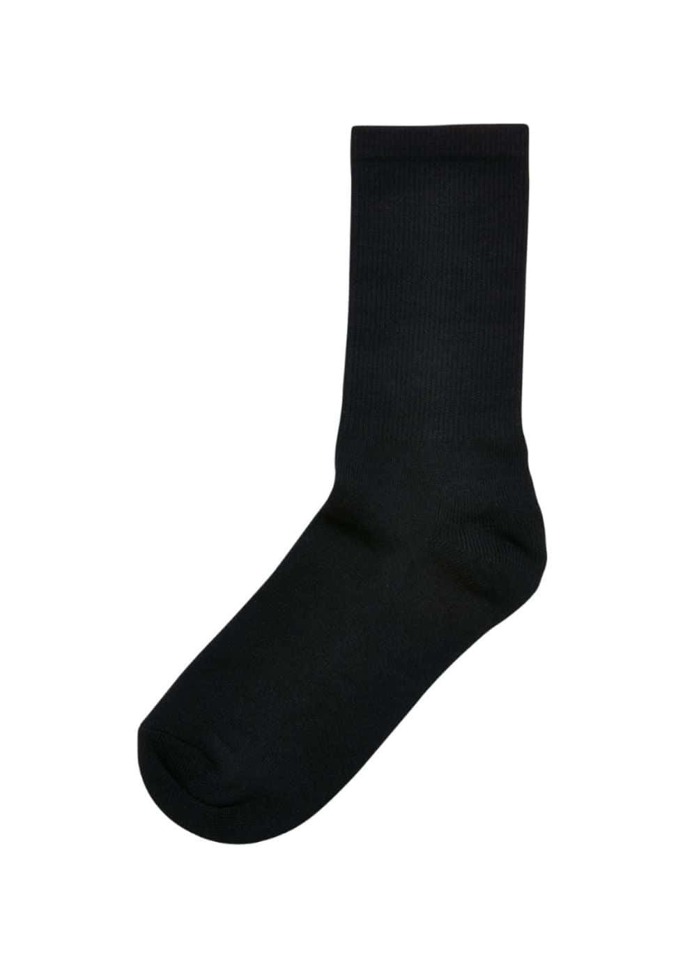 Schwarze Crew-Länge Socke mit glatter, einheitlicher Farbe und einfacher gerippter Textur.