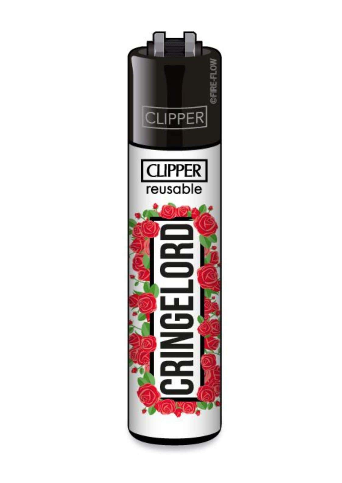 Schwarzes und weißes nachfüllbares clipper feuerzeug mit rotem rosenmuster und cringelord schriftzug im gothic horror stil