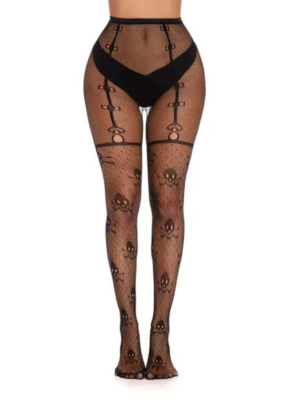 Schwarze fischnetzstrümpfe mit geometrischem cutout und gotischem stil in crossed bones netzstrumpfhose
