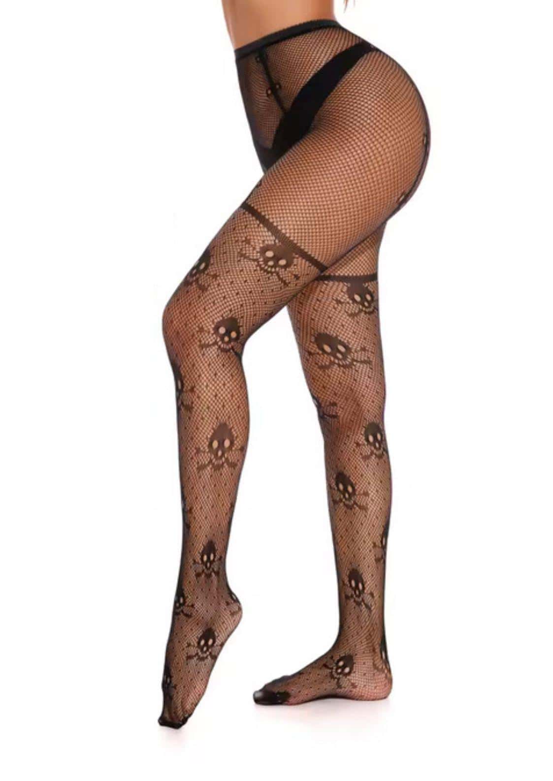 Schwarze fischnetzstrümpfe mit braunen schädel-und-knochen-motiven im gotischen stil geometrisches cutout