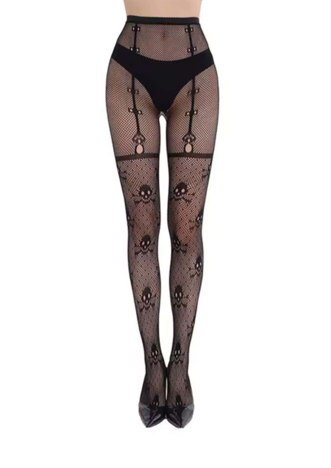 Schwarze fischnetzstrümpfe crossed bones netzstrumpfhose mit gotischem stil und geometrischem cutout aus kleinen schädeln und kettenmustern