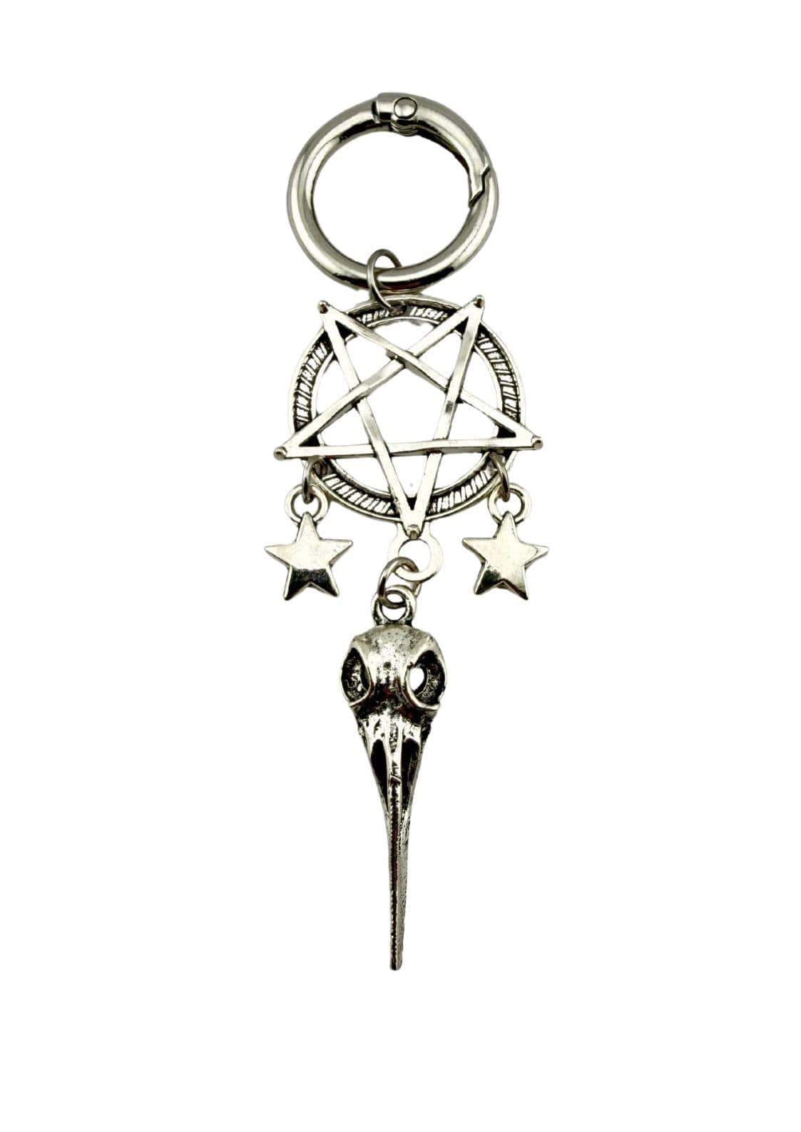 Silberne crow pentagram schlüsselkette mit pentagramm, zwei sternanhängern und detailreichem vogelkopf-charm, gothic accessoire
