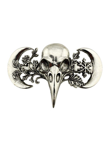 Silberfarbene haarspange mit kronenschädel und langen schnabel, von halbmond und floralen ranken, gothic kleidung accessory