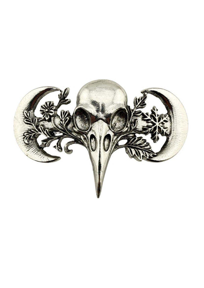 Silberfarbene haarspange mit kronenschädel und langen schnabel, von halbmond und floralen ranken, gothic kleidung accessory