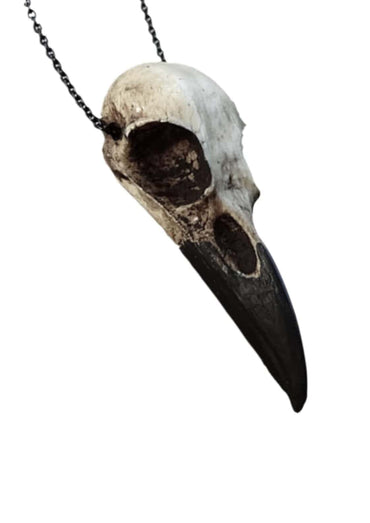 Schwarze und weiße crow skull halskette mit langem spitzem schnabel im gothic horror stil