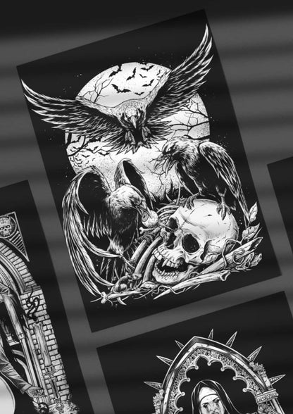 Schwarze Illustration: Raben auf Schädel mit Kreuzknochen vor Rissmond, ALU Verbundplatten Bild inklusive Aufhängung