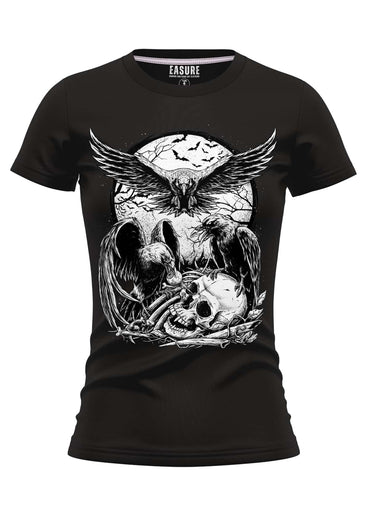 Schwarzes girlie t-shirt aus strapazierfähigem stoff mit detailliertem schwarz-weiß grafik von raben, schädel und mond